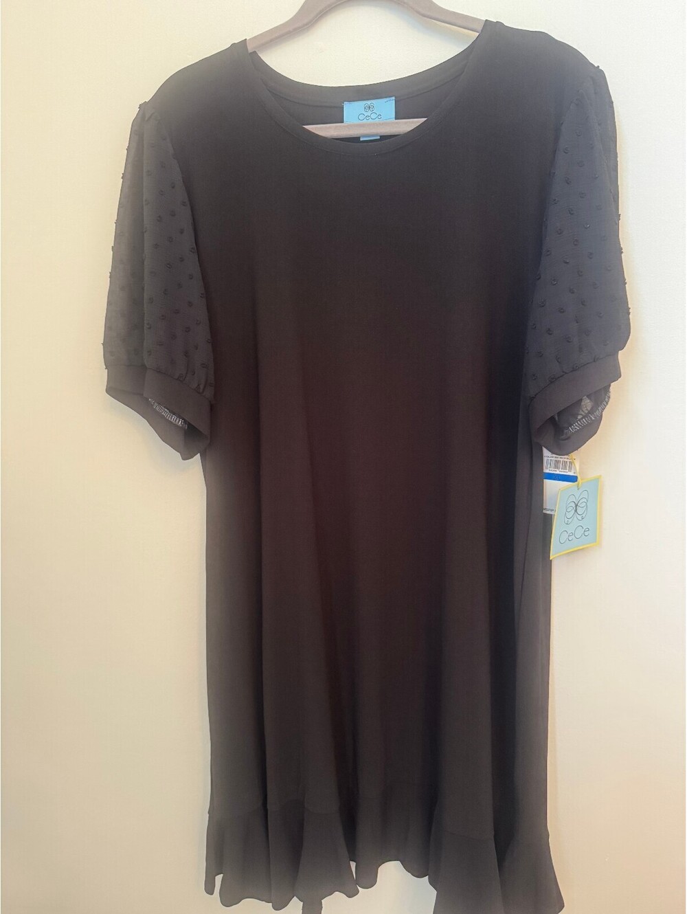 CeCe Black Dress with Sheer Polka Dot Sleeves and Ruffled Hem, Size XL
